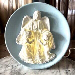 VTG Guardian Angel Bisque Porcelain 7" Blue White Soft Glow Night Light Religion